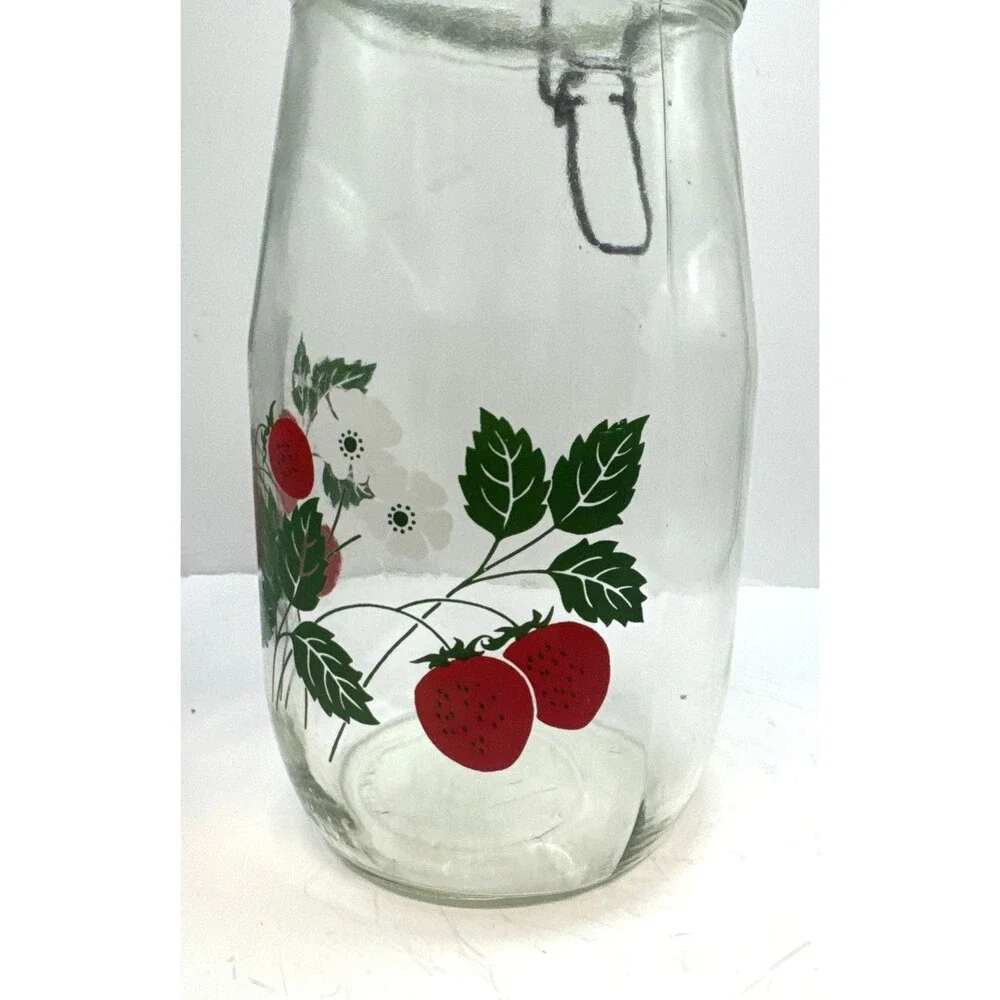 2 Carlton Glass Jar Canister 10” & 9” Bail Lid Strawberries 2 L 1.5 L USA